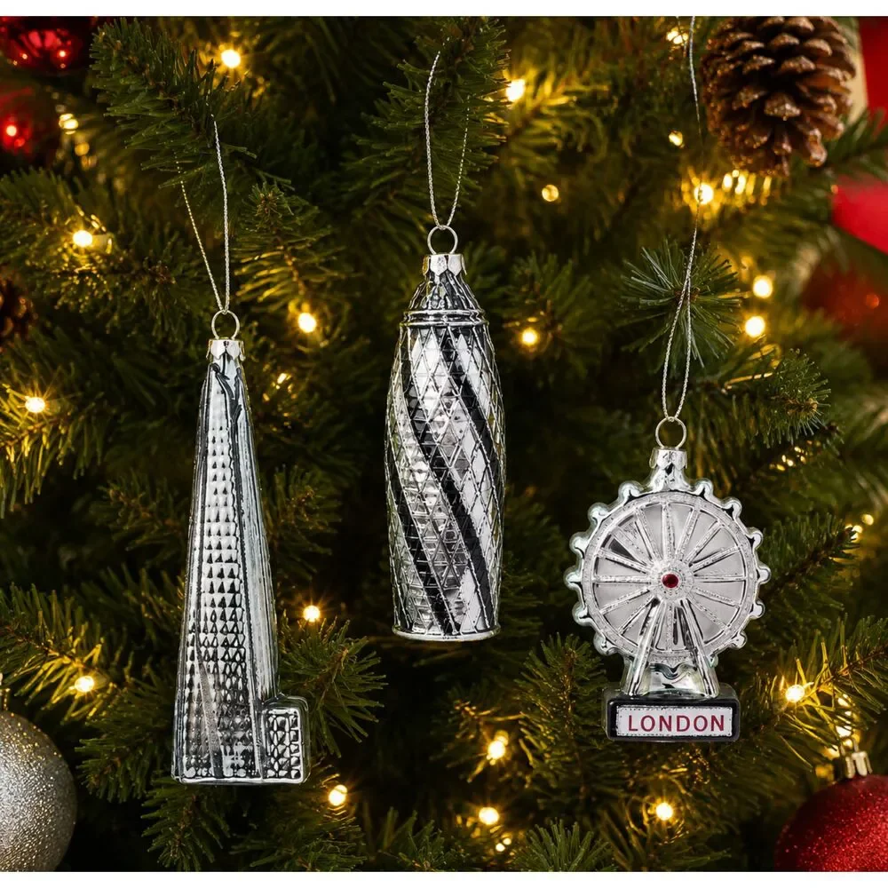 M&S Marks Spencer London Glass Christmas Ornaments Shard Eye Gherkin Set 3 NEW